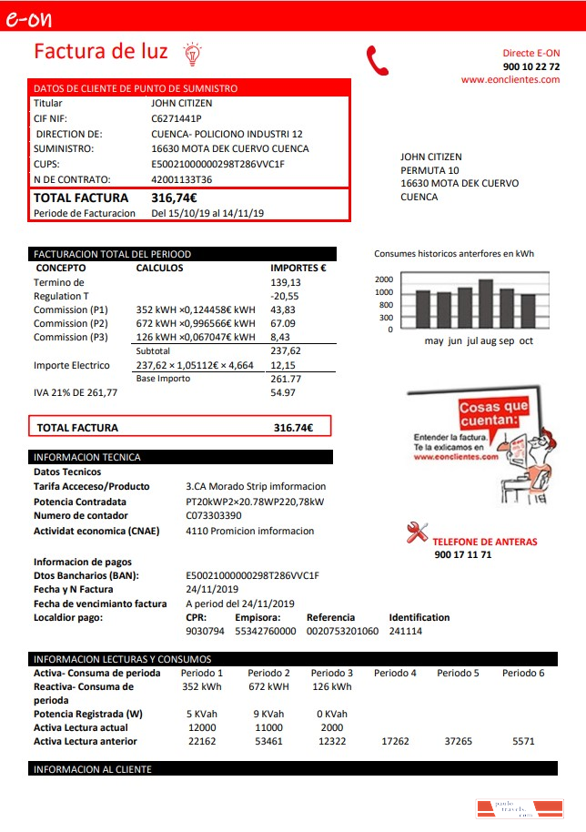Spain E.ON electricity utility bill template in Word and PDF format